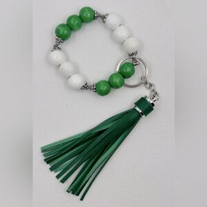 Wristlet Bracelet Keychain Green White Wooden Beads and Tassel NEW